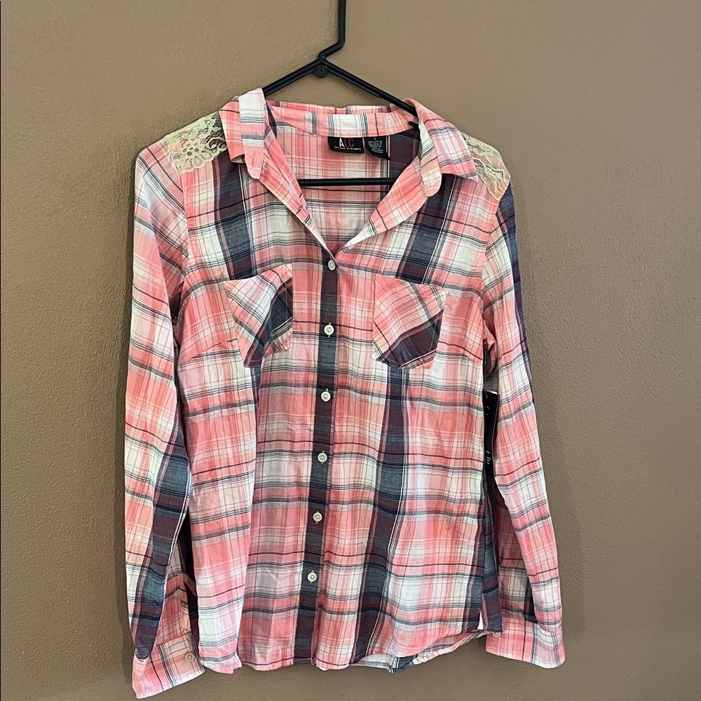A.L.C. Pink and Gray Plaid Long Sleeve Top